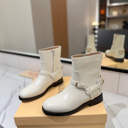 VALENTINO 25S PATTIE ANKLE BOOTS IN WHITE CALFSKIN WITH GOLD HARDWARE