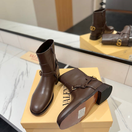 VALENTINO 25S PATTIE ANKLE BOOTS IN DARK BROWN CALFSKIN WITH GOLD HARDWARE