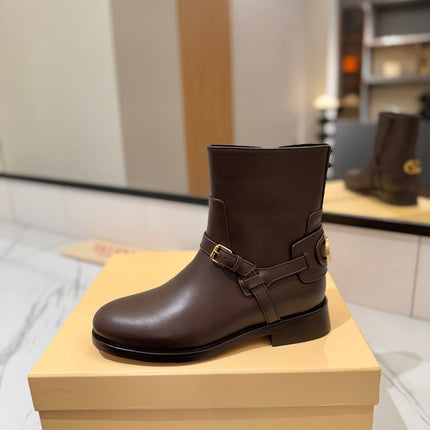 VALENTINO 25S PATTIE ANKLE BOOTS IN DARK BROWN CALFSKIN WITH GOLD HARDWARE