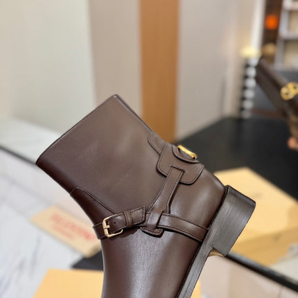 VALENTINO 25S PATTIE ANKLE BOOTS IN DARK BROWN CALFSKIN WITH GOLD HARDWARE