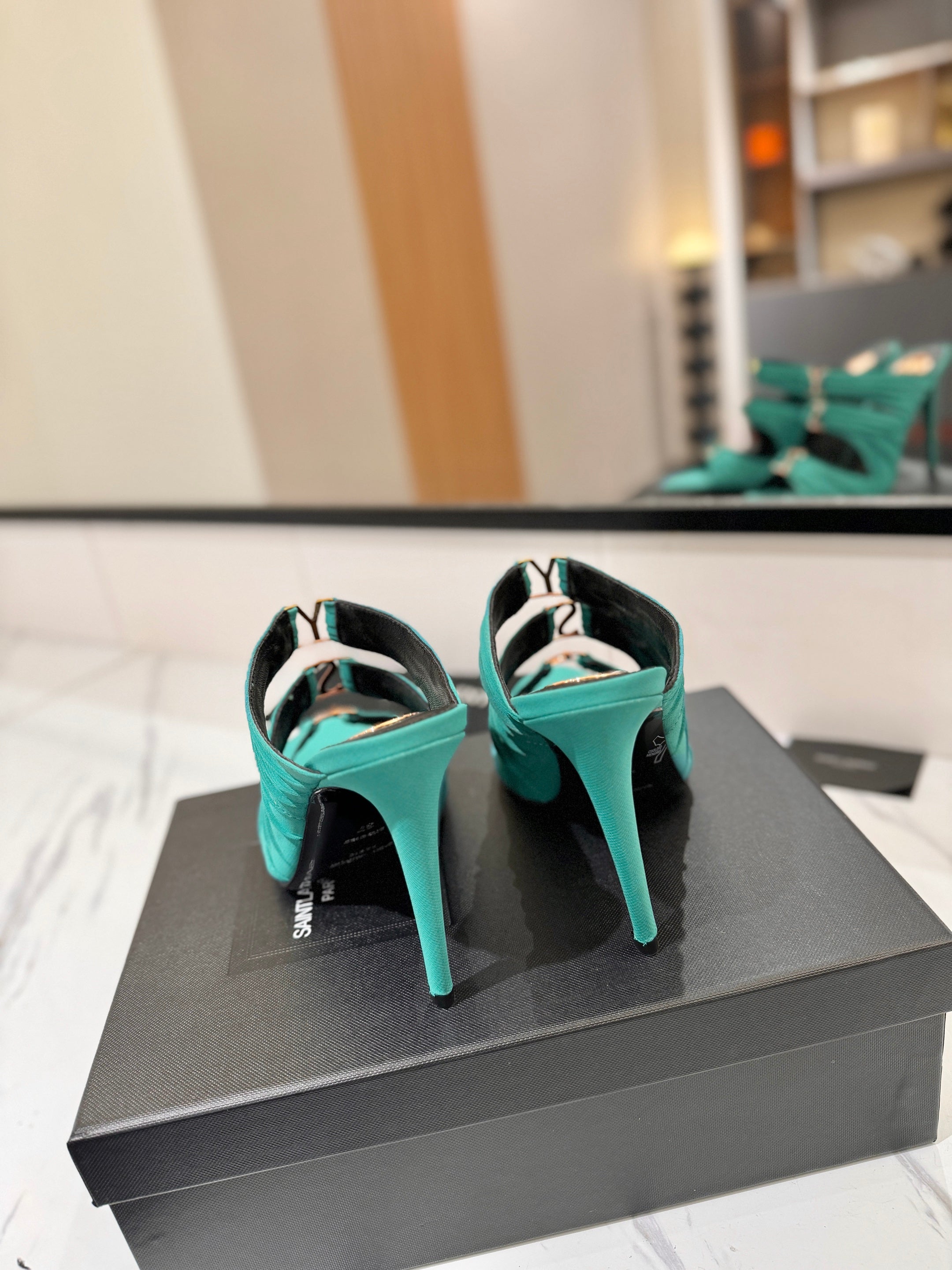 YSL 26S HEELED SANDALS 100 MM IN EMERALD GREEN FABRIC