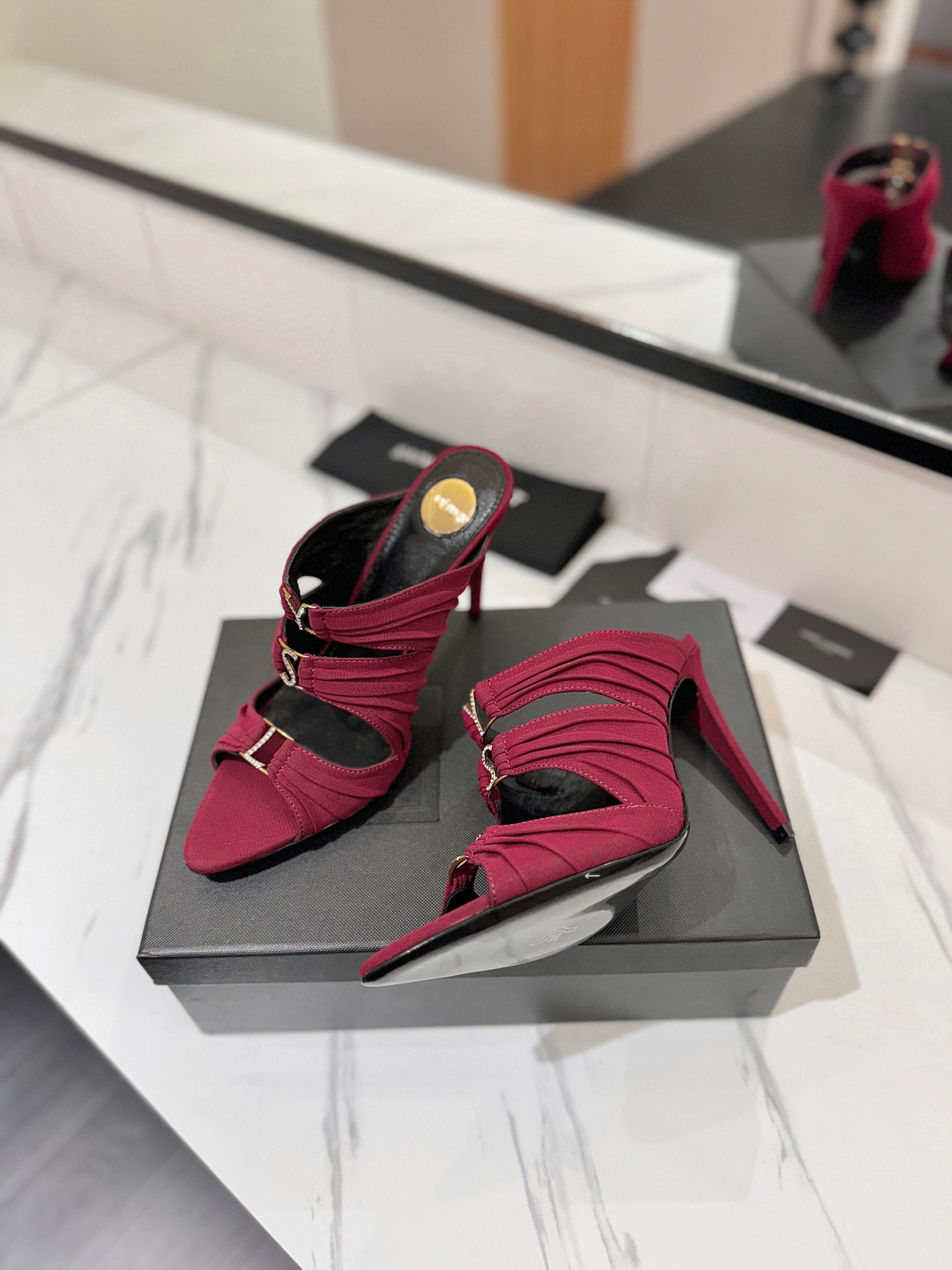 YSL 26S HEELED SANDALS 100 MM IN DARK RED FABRIC