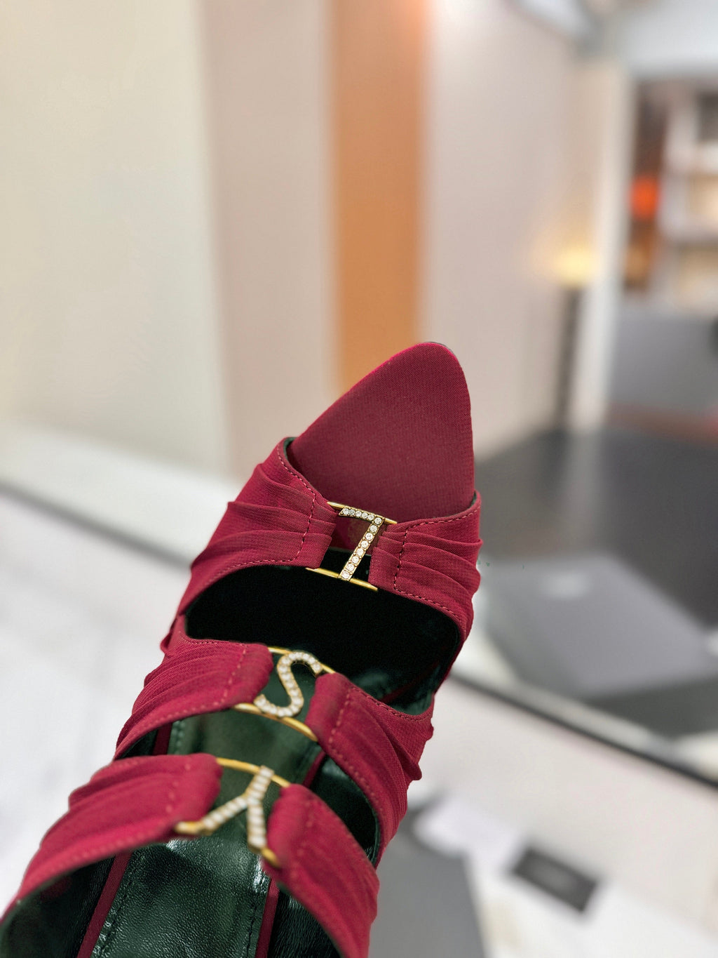 YSL 26S HEELED SANDALS 100 MM IN DARK RED FABRIC