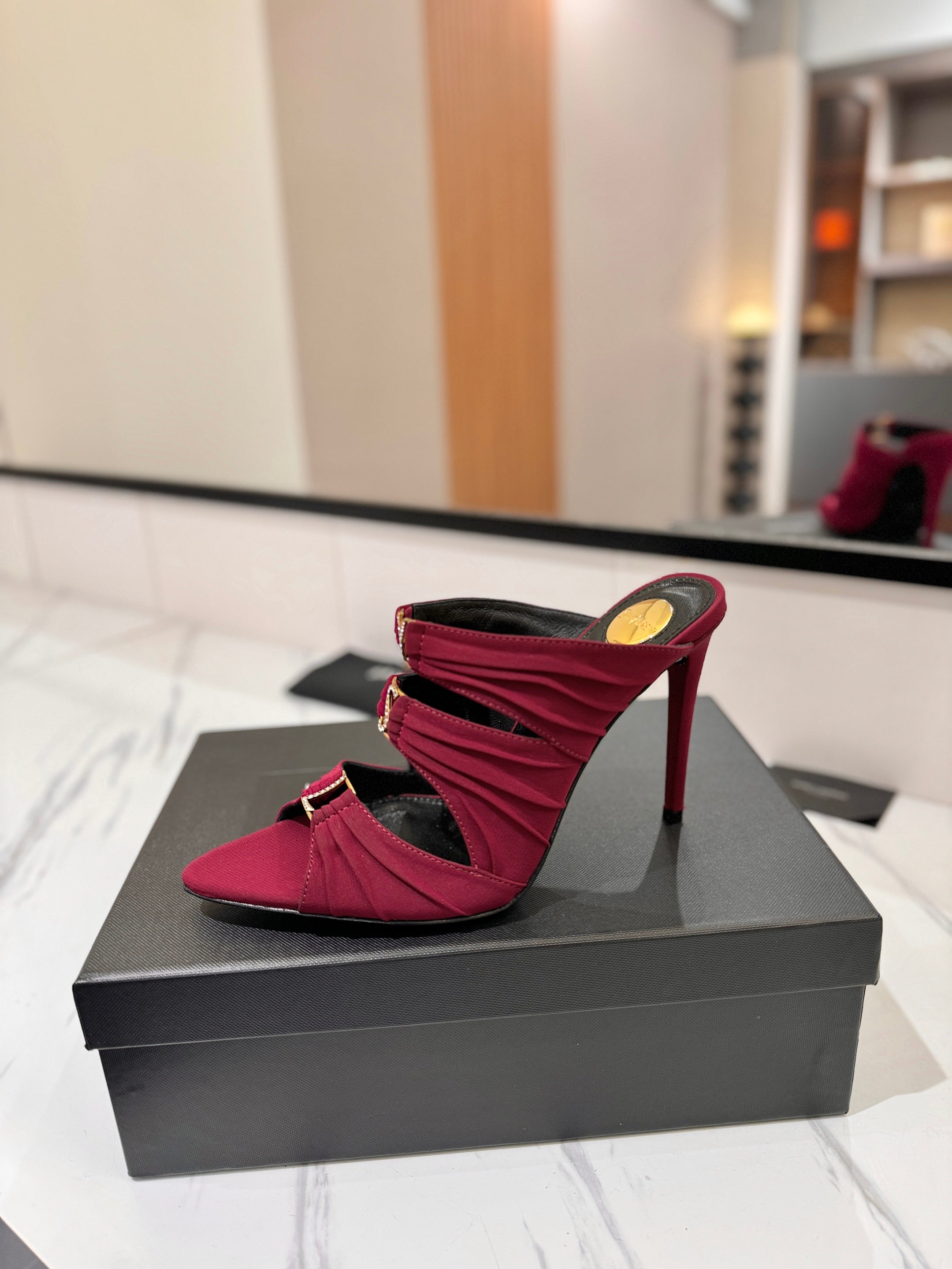 YSL 26S HEELED SANDALS 100 MM IN DARK RED FABRIC
