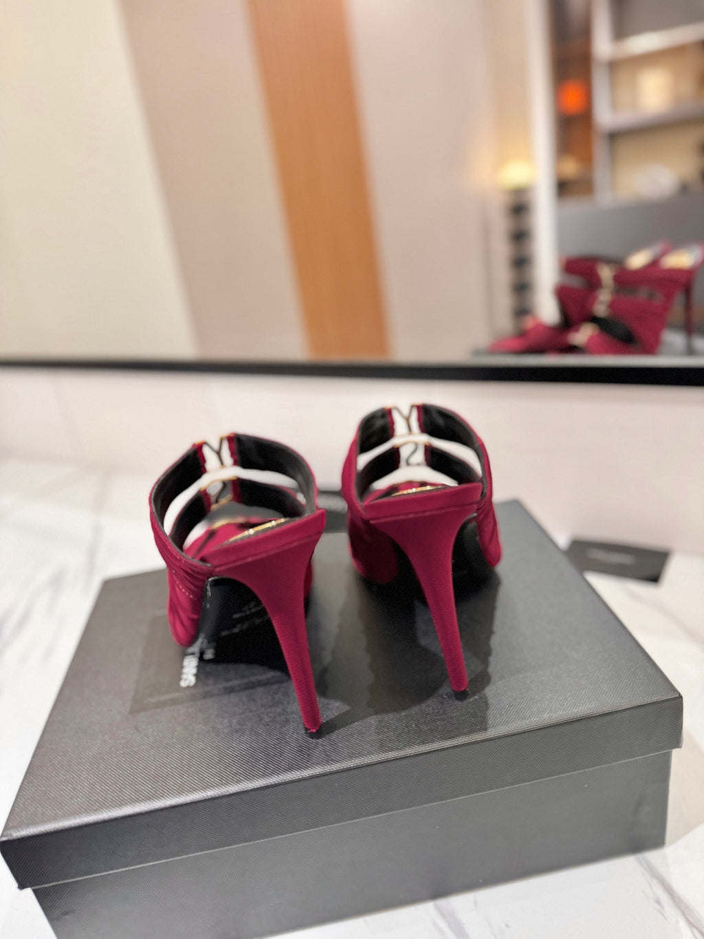 YSL 26S HEELED SANDALS 100 MM IN DARK RED FABRIC