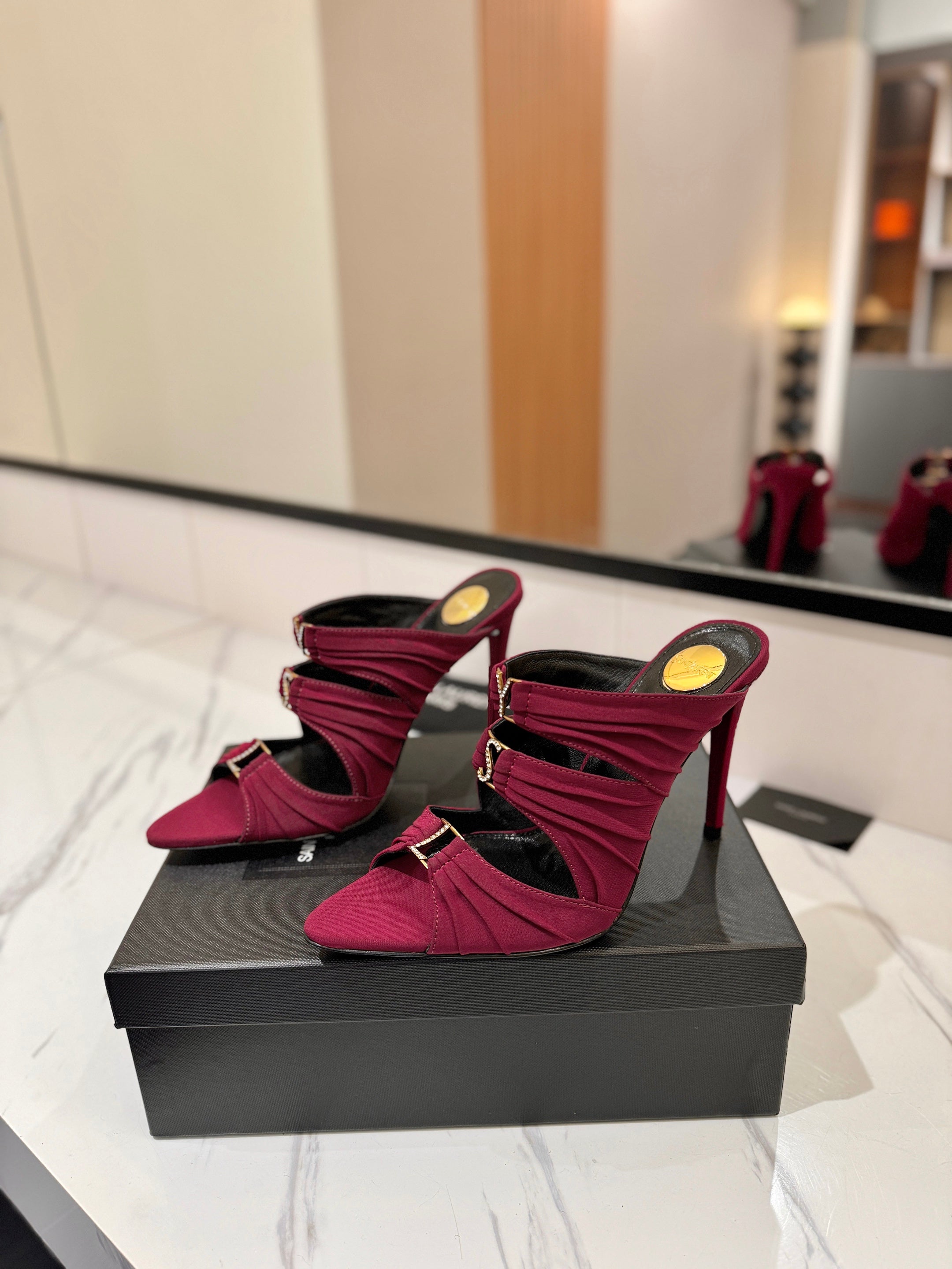 YSL 26S HEELED SANDALS 100 MM IN DARK RED FABRIC