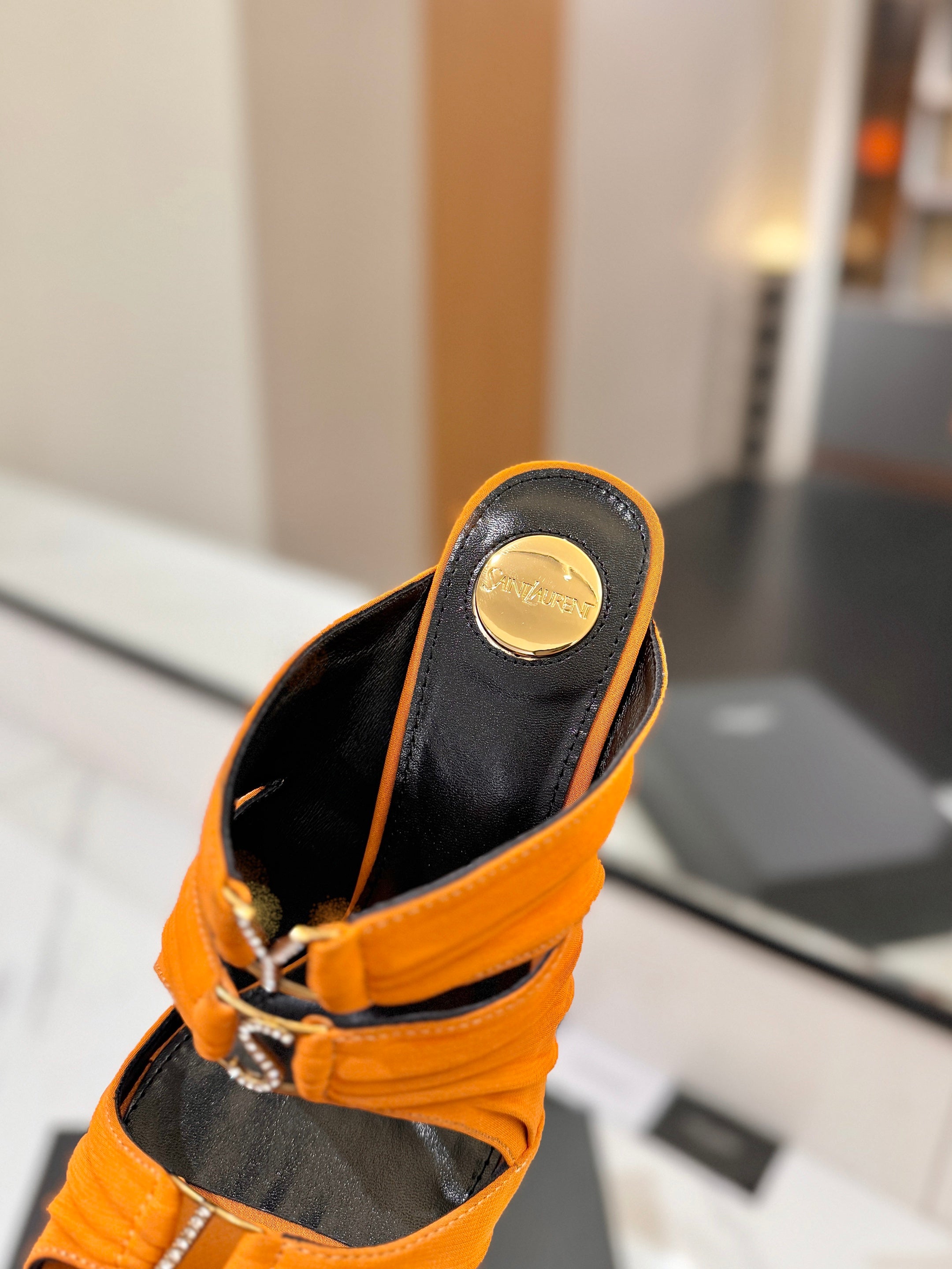 YSL 26S HEELED SANDALS 100 MM IN ORANGE FABRIC