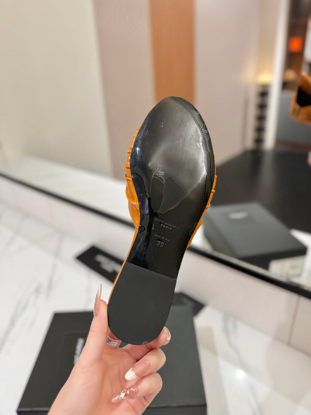 YSL 26S BABYLONE FLAT MULES IN DARK ORANGE LAMBSKIN