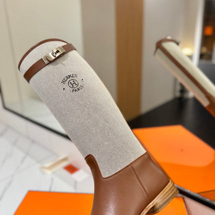 HM 26S JUMPING BOOTS IN BROWN CALFSKIN AND BEIGE CANVAS WITH SILVER HARDWARE