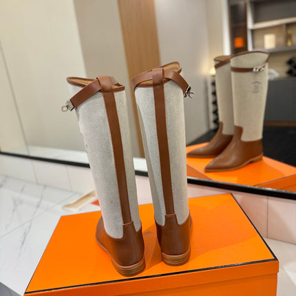 HM 26S JUMPING BOOTS IN BROWN CALFSKIN AND BEIGE CANVAS WITH SILVER HARDWARE