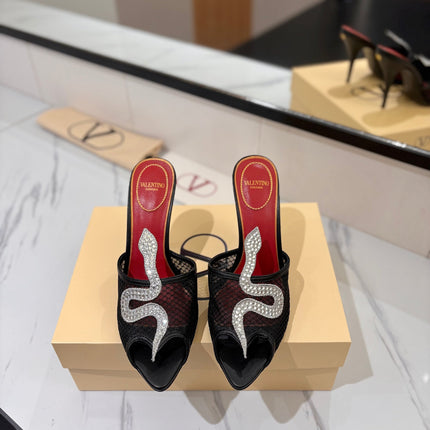 VALENTINO 26S SNAKE STRAP SANDALS 100 MM IN BLACK CALFSKIN AND MESH