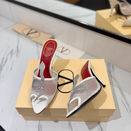 VALENTINO 26S SNAKE STRAP SANDALS 100 MM IN WHITE CALFSKIN AND MESH