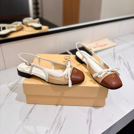 VALENTINO 26S SLINGBACK FLATS IN WHITE AND BROWN CALFSKIN