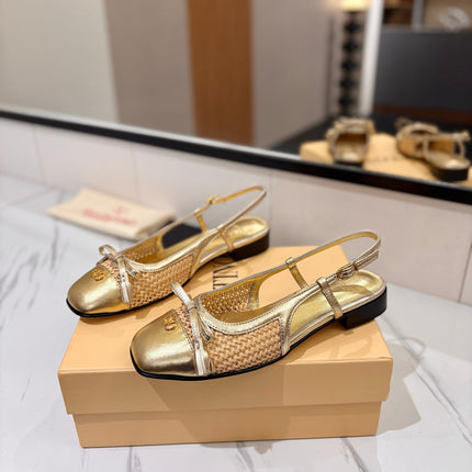 VALENTINO 26S SLINGBACK FLATS IN METALLIC GOLD CALFSKIN