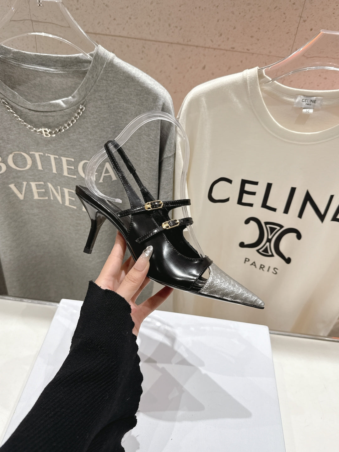 JUDY DOUBLE STRAP MARY JANE SLINGBACK 65MM IN BLACK SHINY CALFSKIN AND SILVER SNAKE EMBOSSED LEATHER