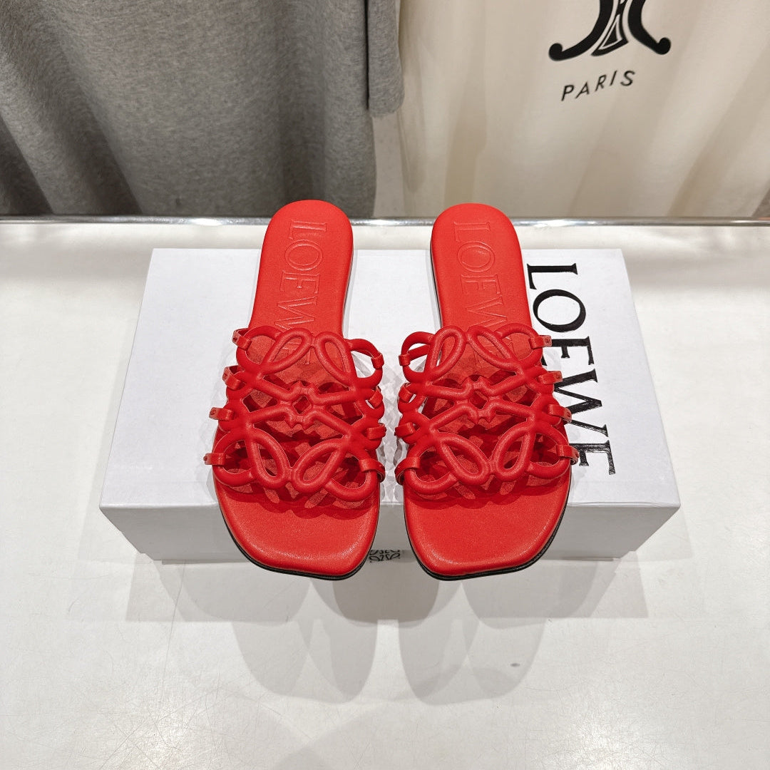 LOEWE 26S PETAL ANAGRAM SLIDE IN DARK RED CALFSKIN