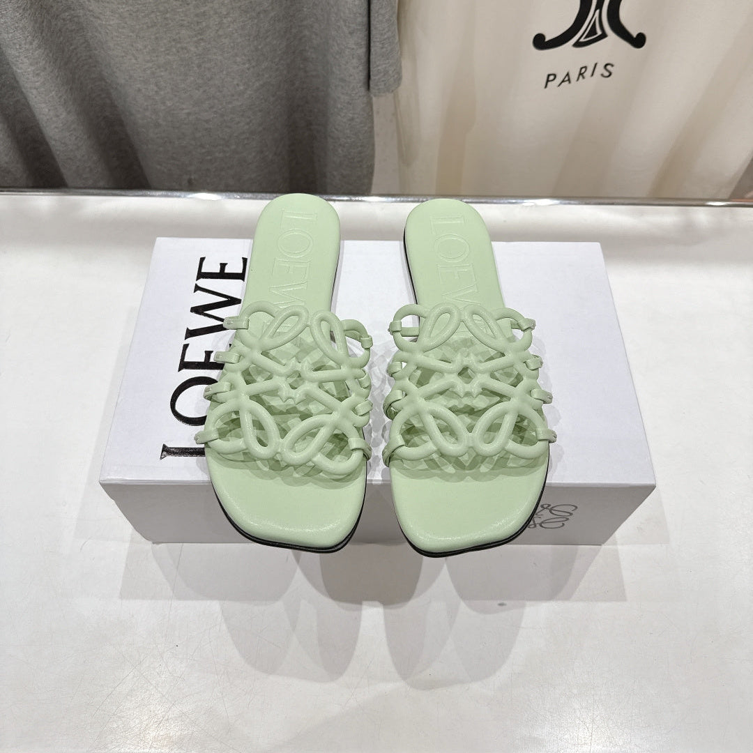 LOEWE 26S PETAL ANAGRAM SLIDE IN SAGE GREEN CALFSKIN