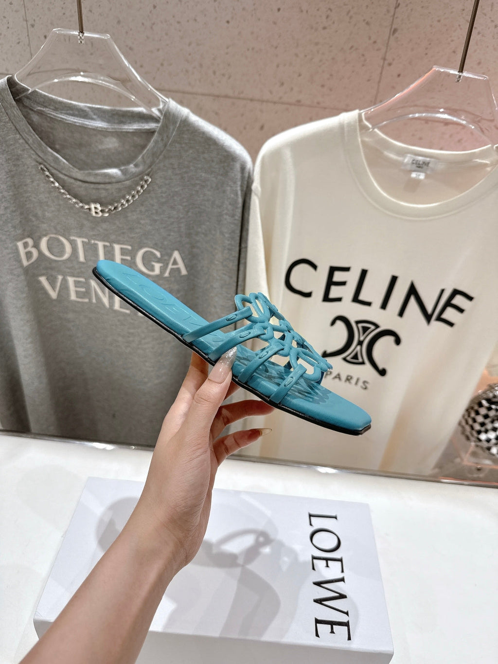 LOEWE 26S PETAL ANAGRAM SLIDE IN TEAL BLUE CALFSKIN