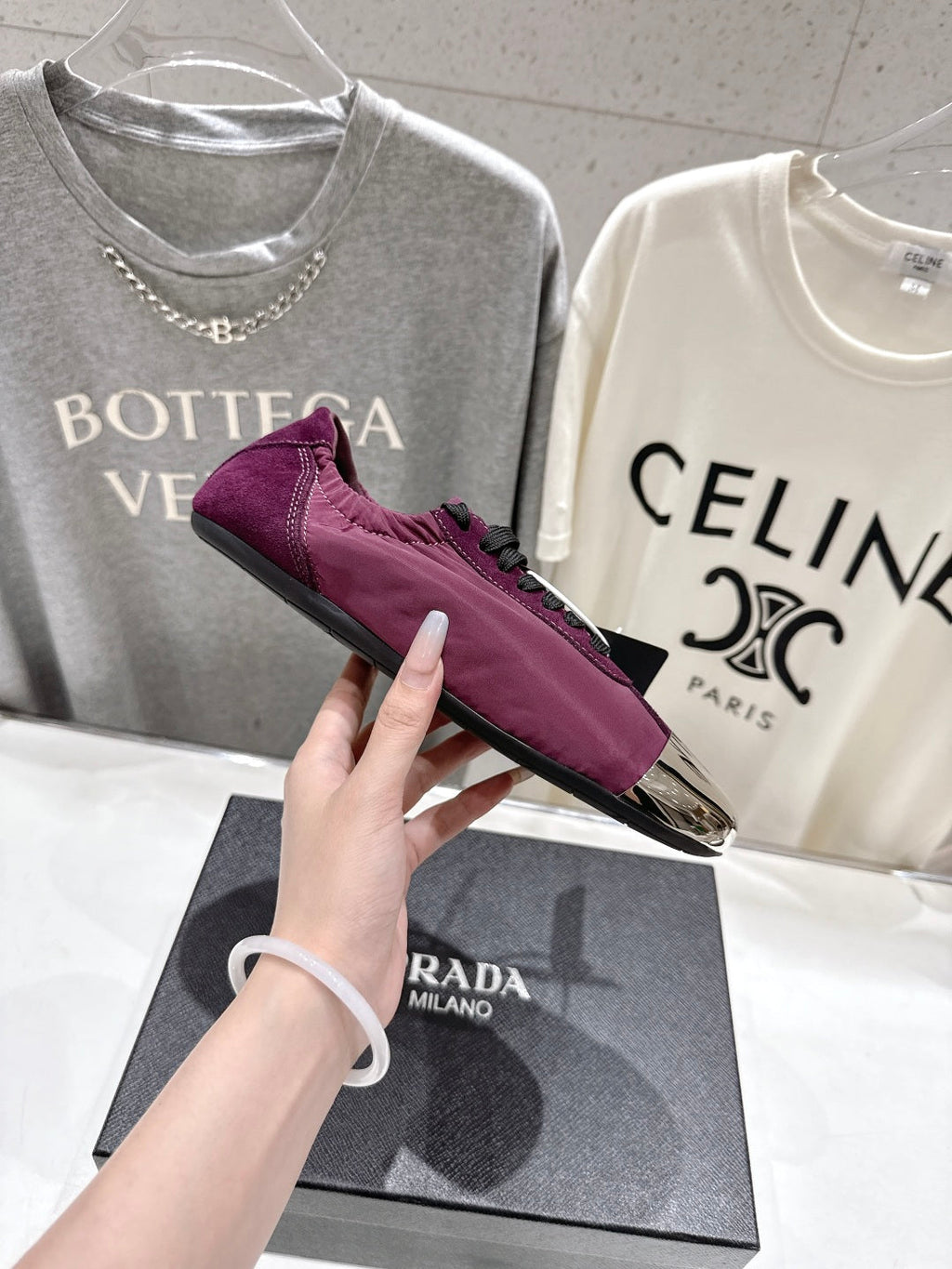 PRADA 25S COLLAPSE RE NYLON AND SUEDE SNEAKERS IN PLUM WITH METAL TOECAP