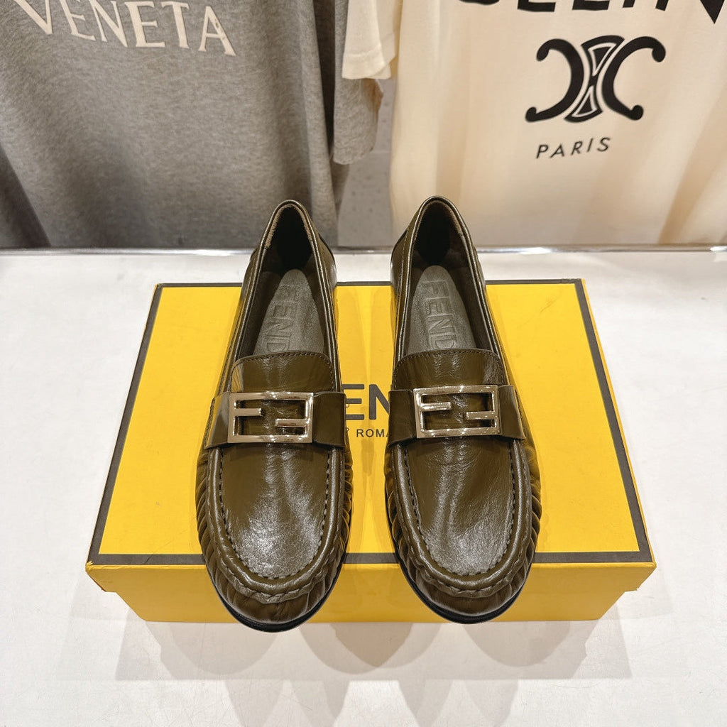 FENDI 25S LOAFERS IN DARK OLIVE BROWN CALFSKIN
