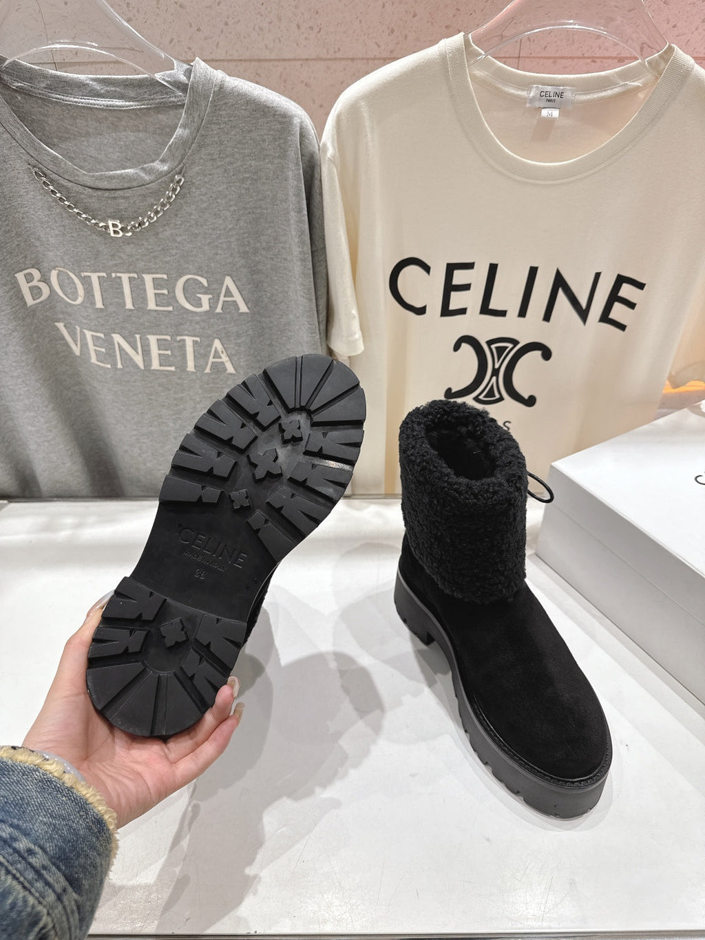 CELINE 26S FUR-TRIM ANKLE BOOTS IN BLACK SUEDE