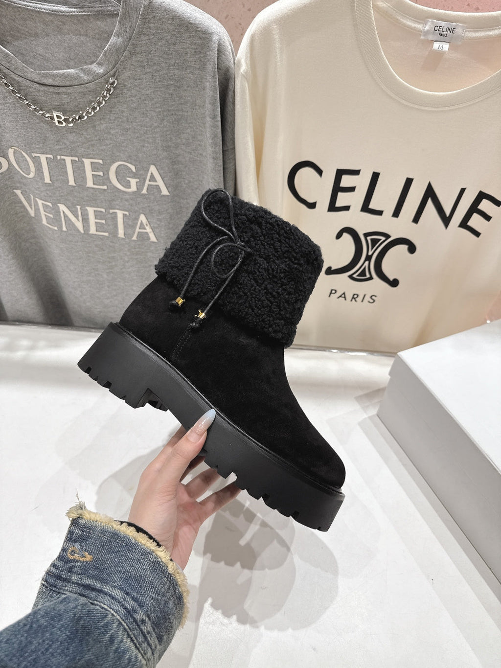 CELINE 26S FUR-TRIM ANKLE BOOTS IN BLACK SUEDE