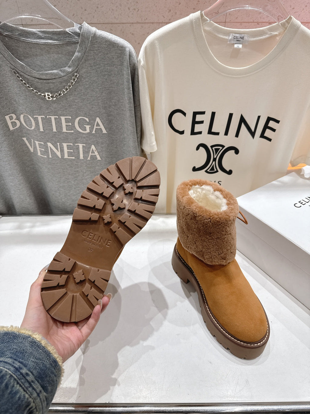 CELINE 26S FUR-TRIM ANKLE BOOTS IN BROWN SUEDE