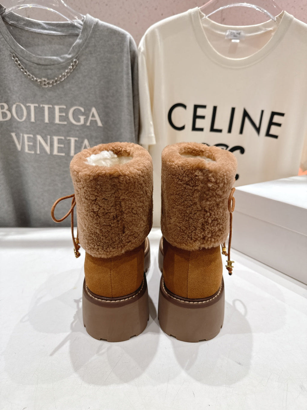 CELINE 26S FUR-TRIM ANKLE BOOTS IN BROWN SUEDE