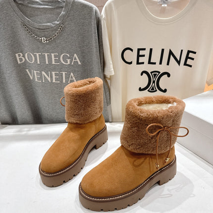 CELINE 26S FUR-TRIM ANKLE BOOTS IN BROWN SUEDE