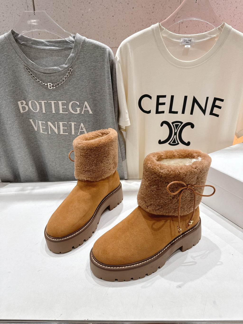 CELINE 26S FUR-TRIM ANKLE BOOTS IN BROWN SUEDE