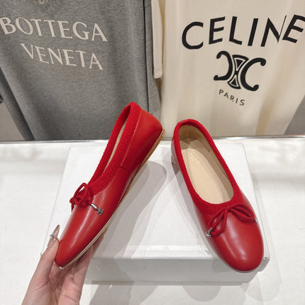 CELINE 26S BALLET FLATS IN RED CALFSKIN WITH BOW