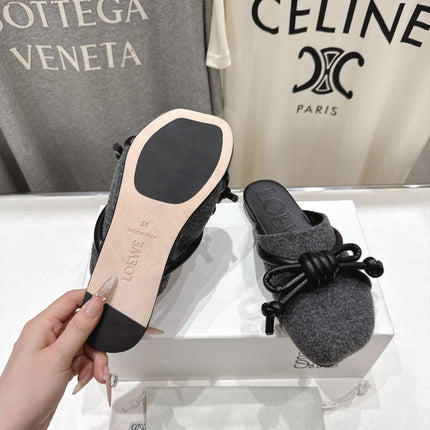 LOEWE 26S MULE LOAFERS IN DARK GREY CALFSKIN AND FABRIC KNOT DETAIL