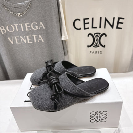 LOEWE 26S MULE LOAFERS IN DARK GREY CALFSKIN AND FABRIC KNOT DETAIL