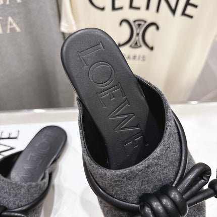 LOEWE 26S MULE LOAFERS IN DARK GREY CALFSKIN AND FABRIC KNOT DETAIL