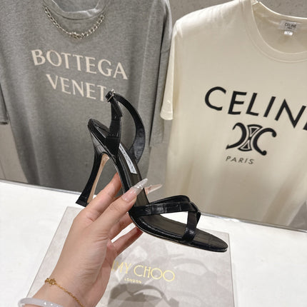 JIMMY CHOO 26S HIGH-HEELED SANDALS 100 MM IN BLACK CROC-EMBOSSED LAMBSKIN