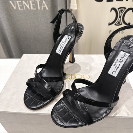 JIMMY CHOO 26S HIGH-HEELED SANDALS 100 MM IN BLACK CROC-EMBOSSED LAMBSKIN