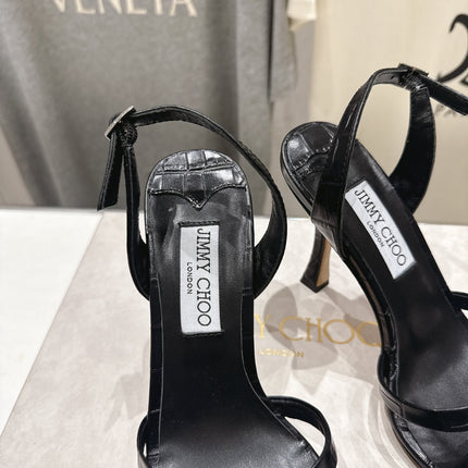 JIMMY CHOO 26S HIGH-HEELED SANDALS 100 MM IN BLACK CROC-EMBOSSED LAMBSKIN