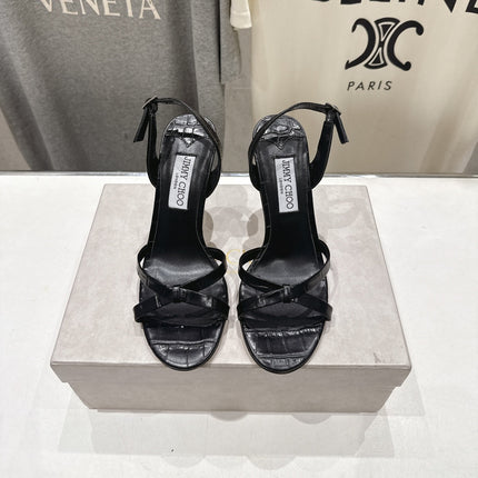 JIMMY CHOO 26S HIGH-HEELED SANDALS 100 MM IN BLACK CROC-EMBOSSED LAMBSKIN
