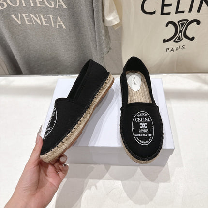 CELINE 26S MAISON PARIS EMBLEM ESPADRILLE FLATS IN BLACK CANVAS