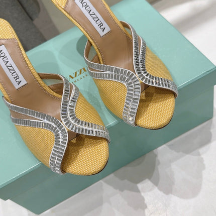 AQUAZZURA 26S HEEL SANDALS 80 MM IN YELLOW CANVAS WITH CRYSTALS