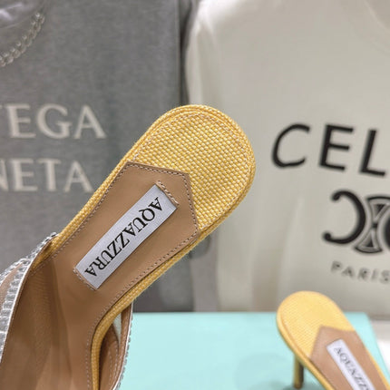 AQUAZZURA 26S HEEL SANDALS 80 MM IN YELLOW CANVAS WITH CRYSTALS