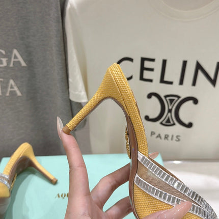 AQUAZZURA 26S HEEL SANDALS 80 MM IN YELLOW CANVAS WITH CRYSTALS