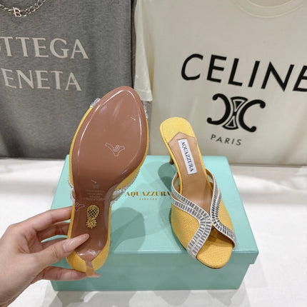 AQUAZZURA 26S HEEL SANDALS 80 MM IN YELLOW CANVAS WITH CRYSTALS