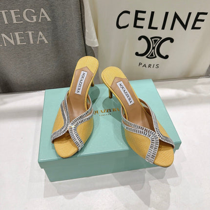 AQUAZZURA 26S HEEL SANDALS 80 MM IN YELLOW CANVAS WITH CRYSTALS