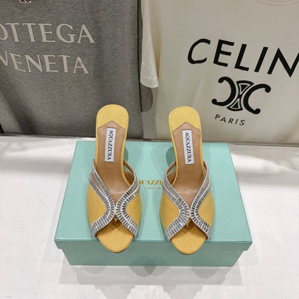 AQUAZZURA 26S HEEL SANDALS 80 MM IN YELLOW CANVAS WITH CRYSTALS