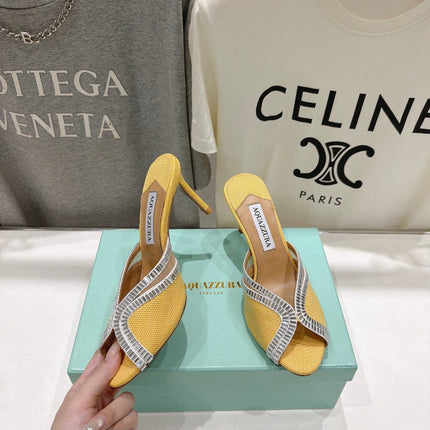 AQUAZZURA 26S HEEL SANDALS 80 MM IN YELLOW CANVAS WITH CRYSTALS