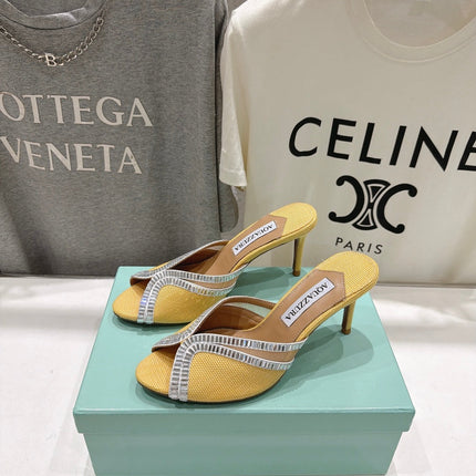 AQUAZZURA 26S HEEL SANDALS 80 MM IN YELLOW CANVAS WITH CRYSTALS
