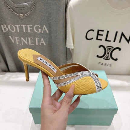 AQUAZZURA 26S HEEL SANDALS 80 MM IN YELLOW CANVAS WITH CRYSTALS