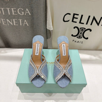 AQUAZZURA 26S HEEL SANDALS 80 MM IN SKY BLUE CANVAS WITH CRYSTALS