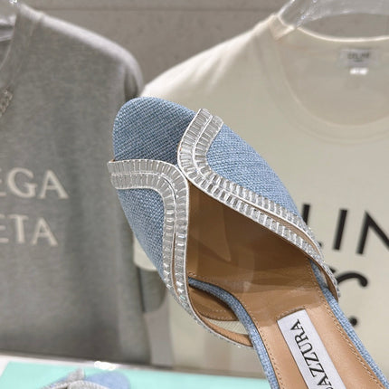 AQUAZZURA 26S HEEL SANDALS 80 MM IN SKY BLUE CANVAS WITH CRYSTALS